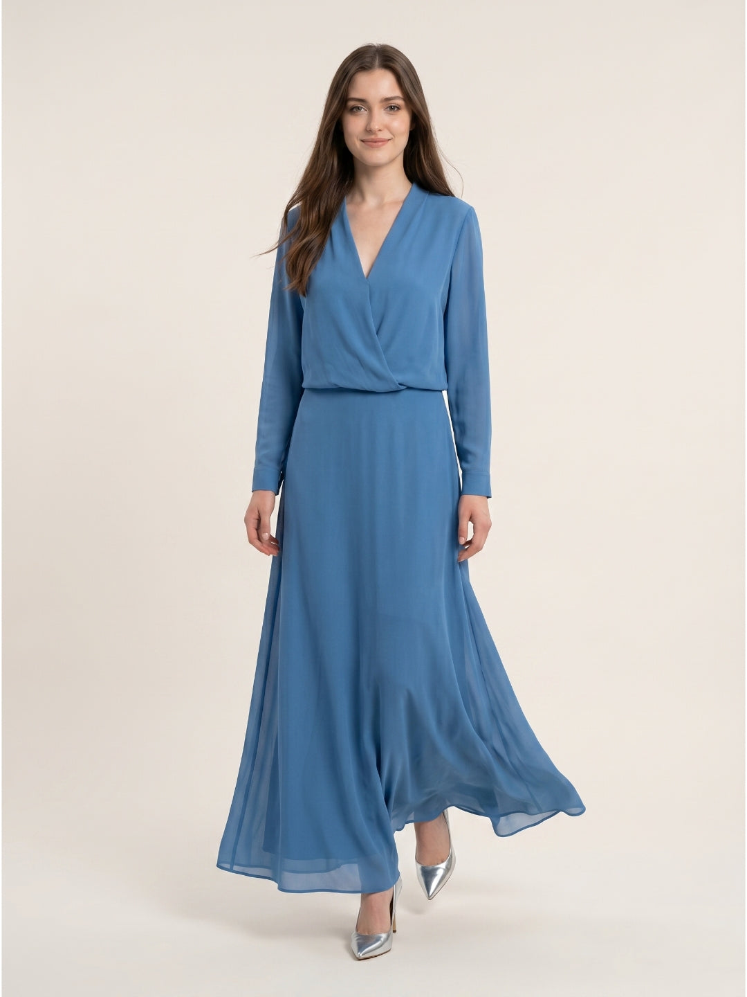 Steel Blue Chiffon A-Line V-Neck Floor-Length Mother of the Bride Dress