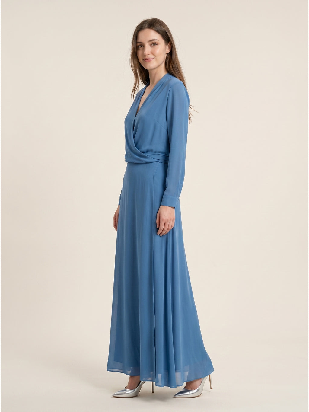 Steel Blue Chiffon A-Line V-Neck Floor-Length Mother of the Bride Dress