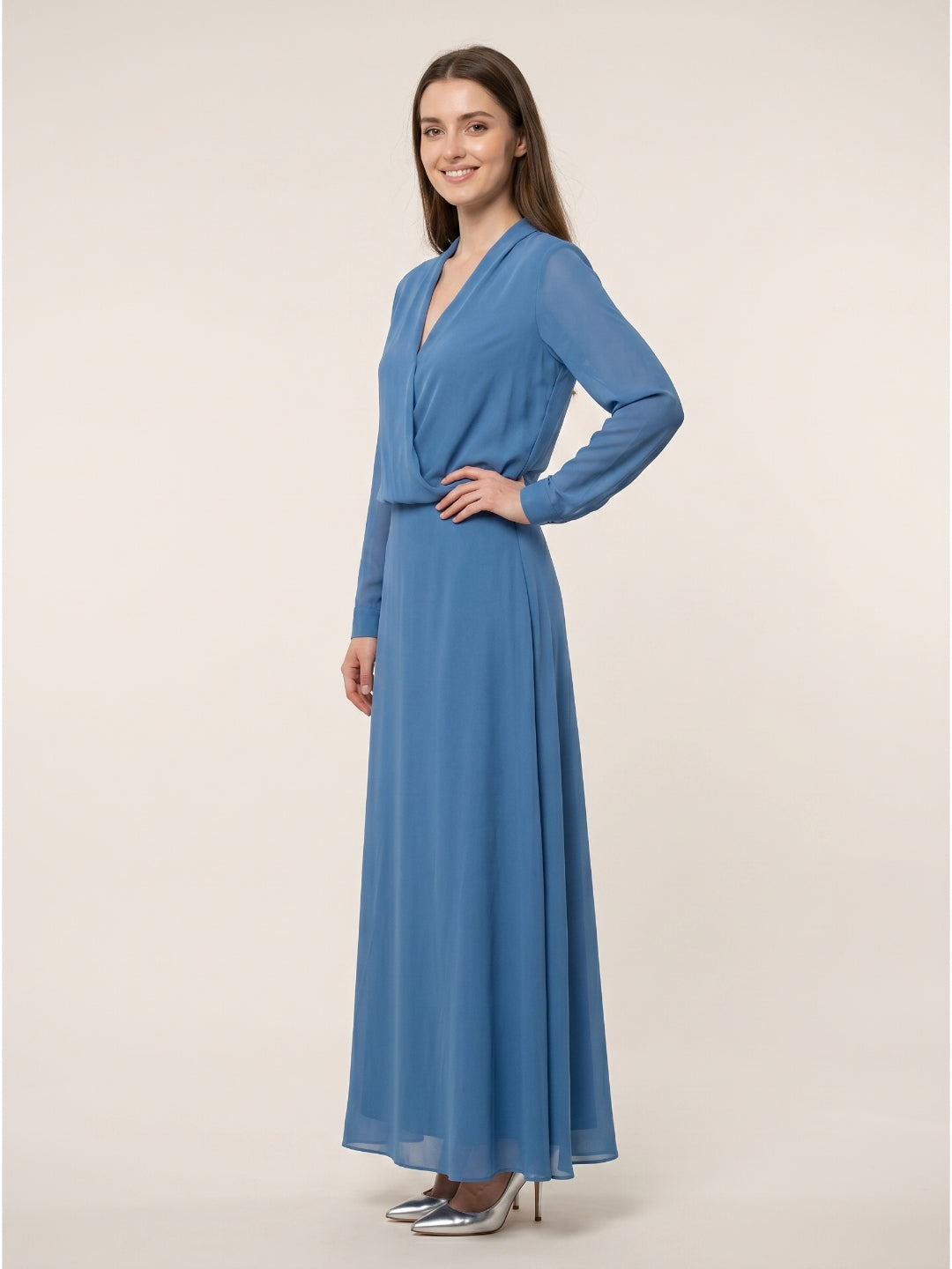Steel Blue Chiffon A-Line V-Neck Floor-Length Mother of the Bride Dress