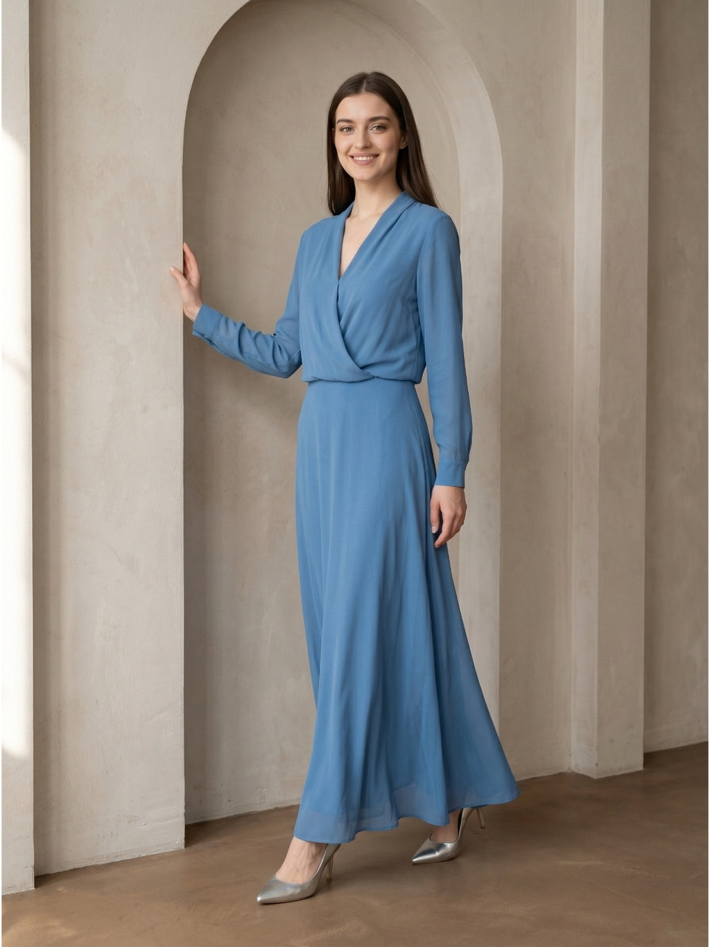 Steel Blue Chiffon A-Line V-Neck Floor-Length Mother of the Bride Dress
