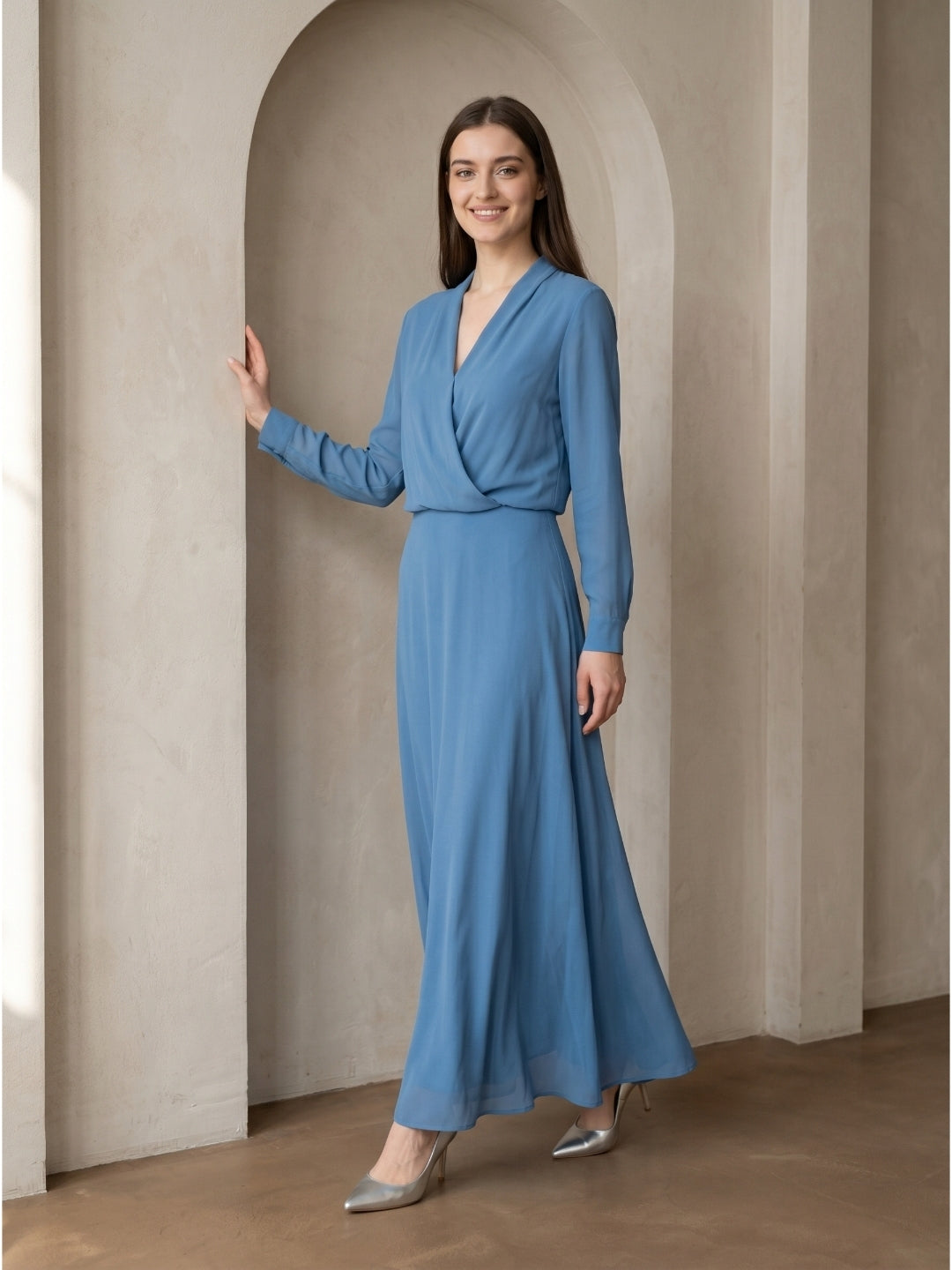 Steel Blue Chiffon A-Line V-Neck Floor-Length Mother of the Bride Dress