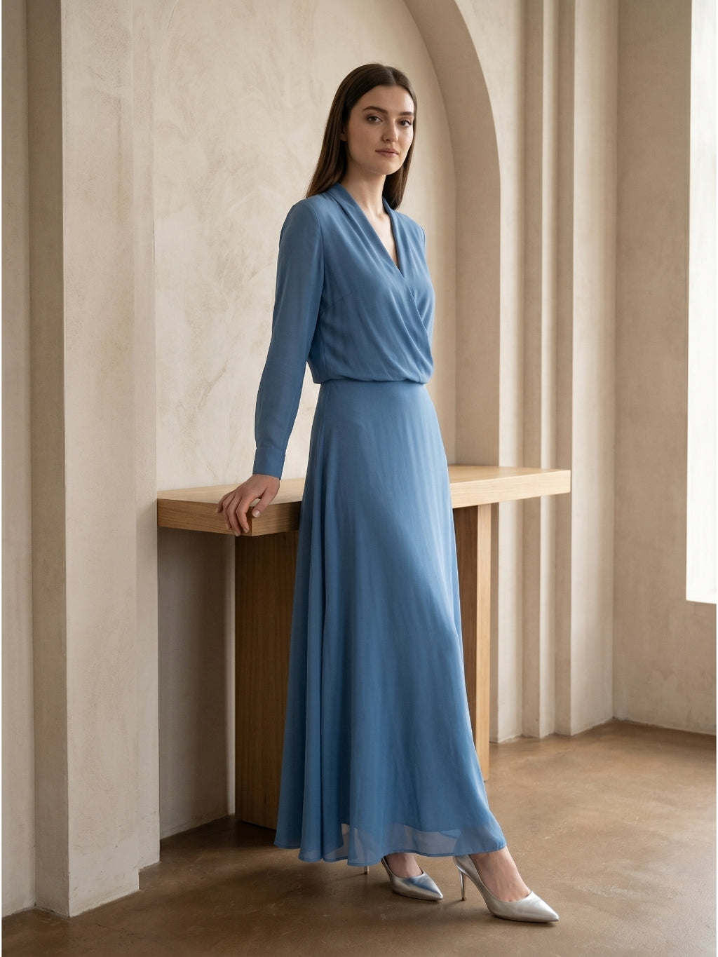 Steel Blue Chiffon A-Line V-Neck Floor-Length Mother of the Bride Dress