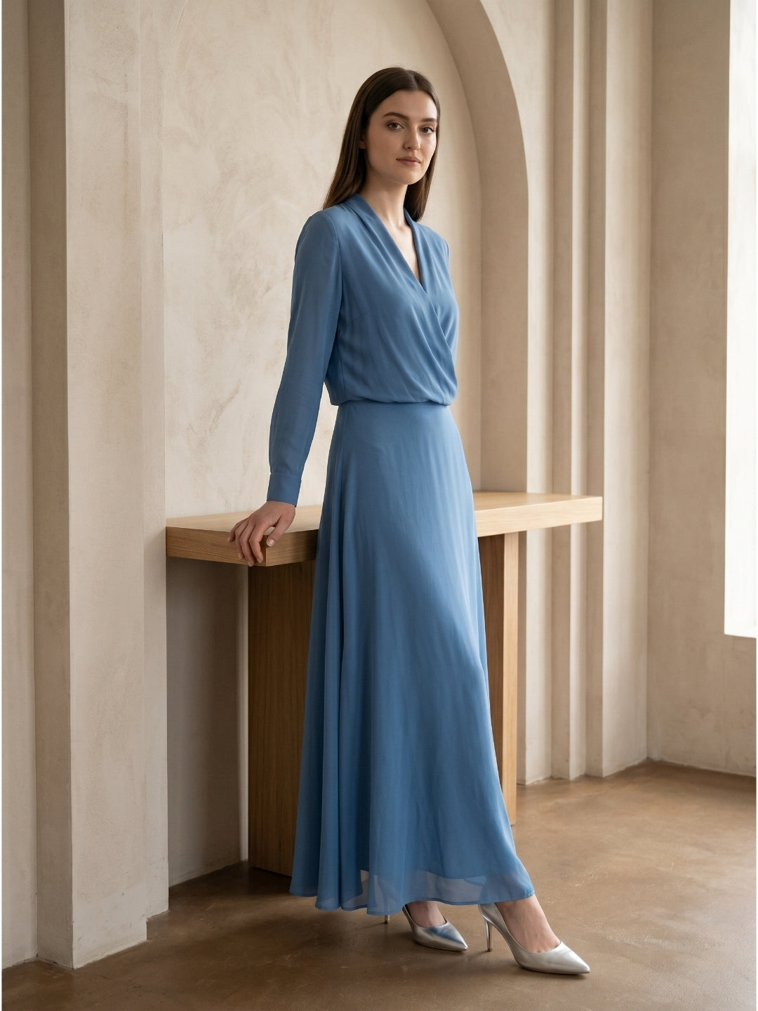 Steel Blue Chiffon A-Line V-Neck Floor-Length Mother of the Bride Dress