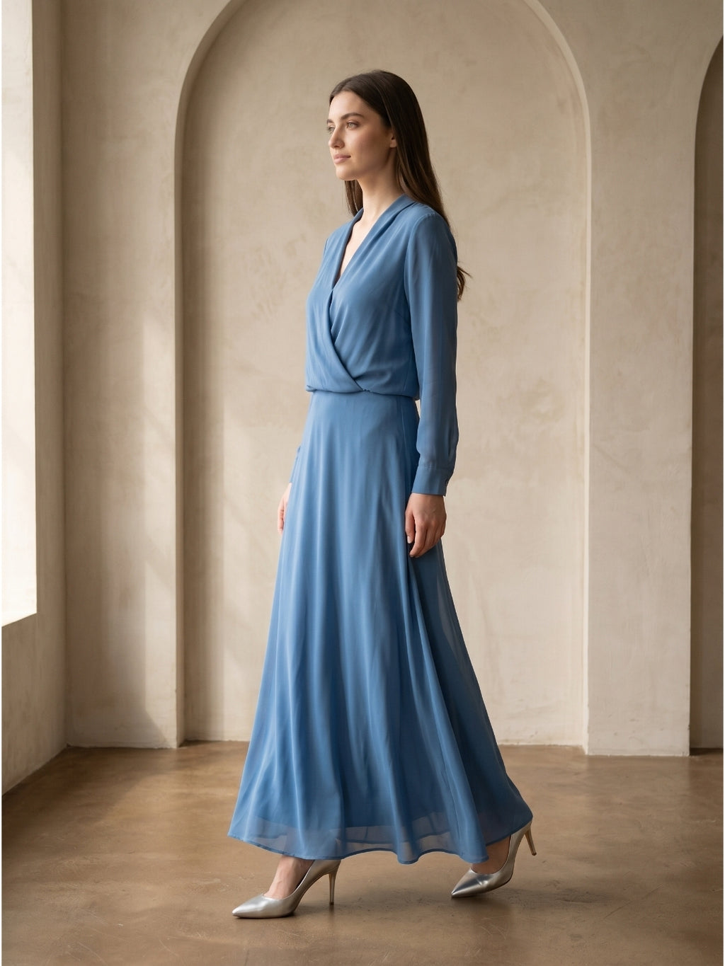 Steel Blue Chiffon A-Line V-Neck Floor-Length Mother of the Bride Dress