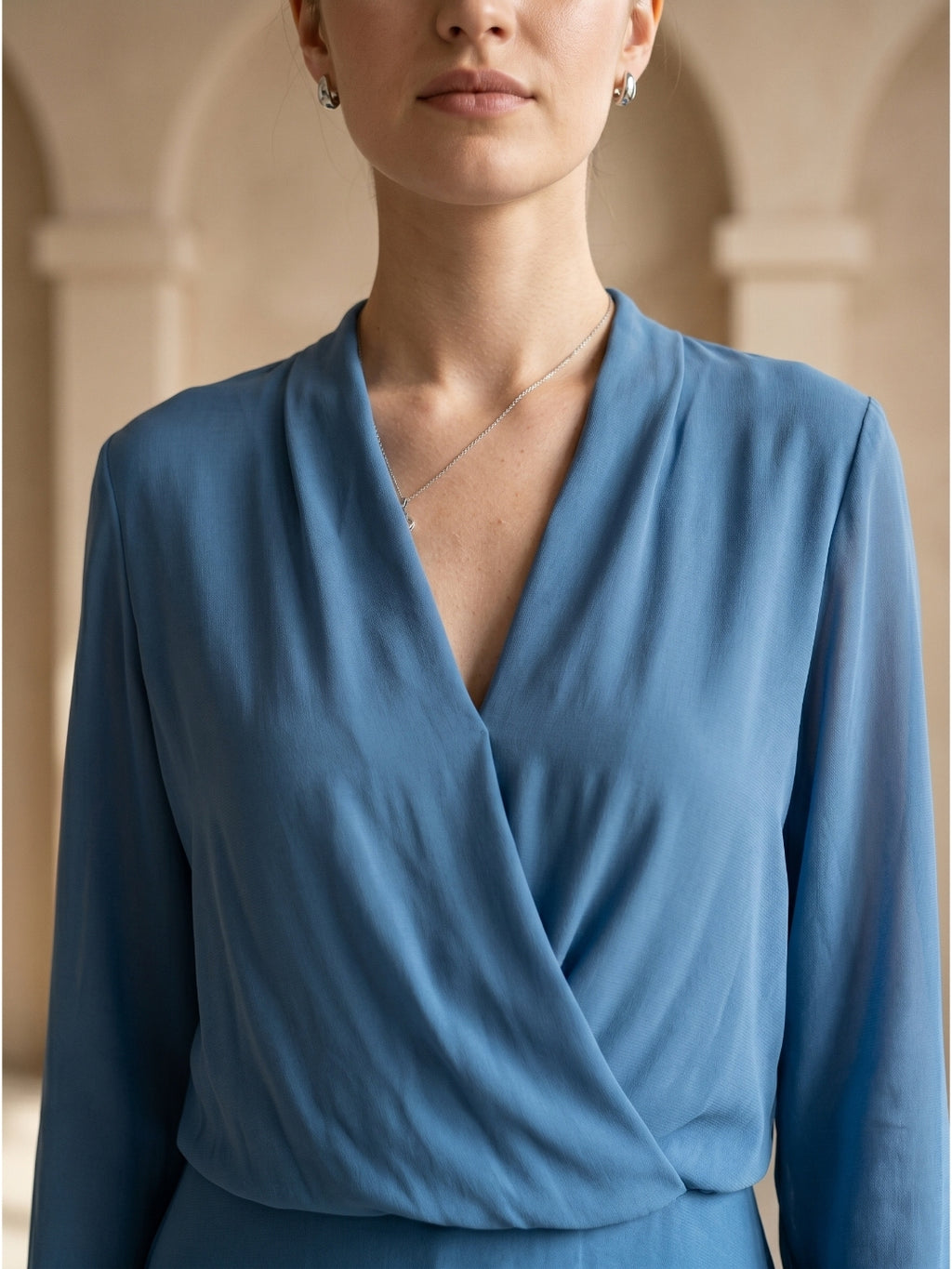 Steel Blue Chiffon A-Line V-Neck Floor-Length Mother of the Bride Dress