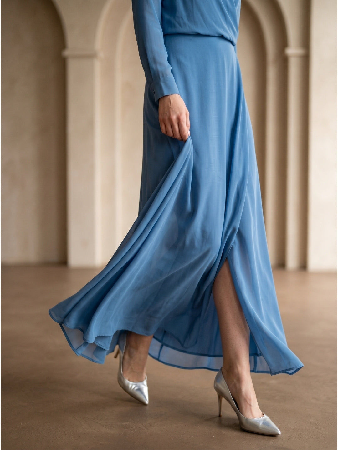 Steel Blue Chiffon A-Line V-Neck Floor-Length Mother of the Bride Dress