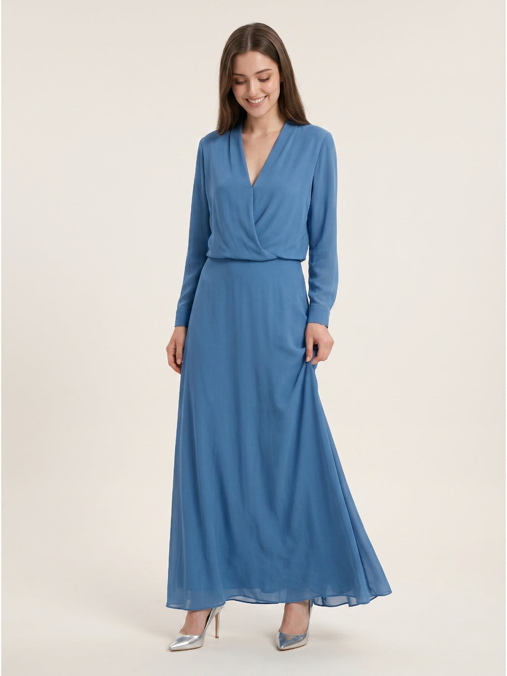 Steel Blue Chiffon A-Line V-Neck Floor-Length Mother of the Bride Dress