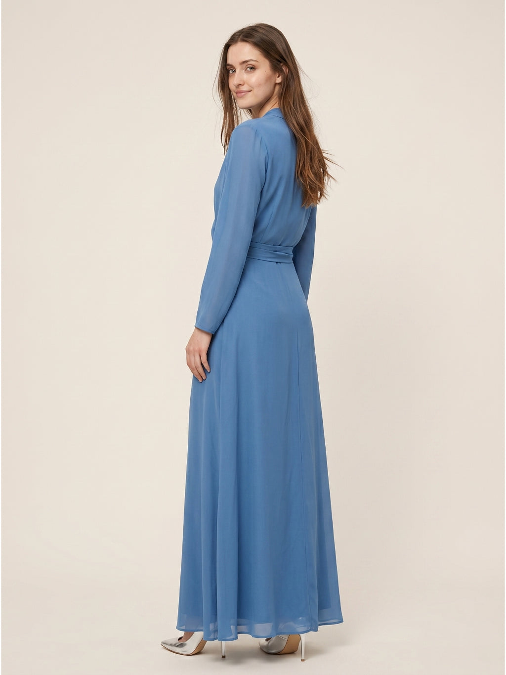 Steel Blue Chiffon A-Line V-Neck Floor-Length Mother of the Bride Dress
