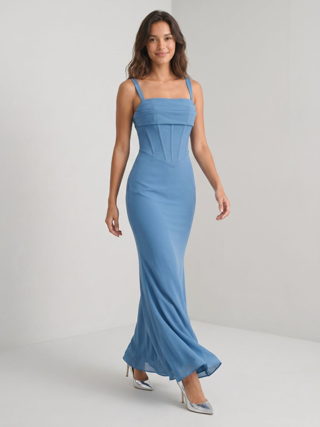 Steel Blue Chiffon Sheath Square Neck Back Zip Floor-Length Formal Dress with Pleating
