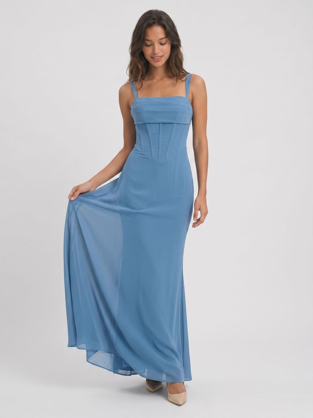Steel Blue Chiffon Sheath Square Neck Back Zip Floor-Length Formal Dress with Pleating