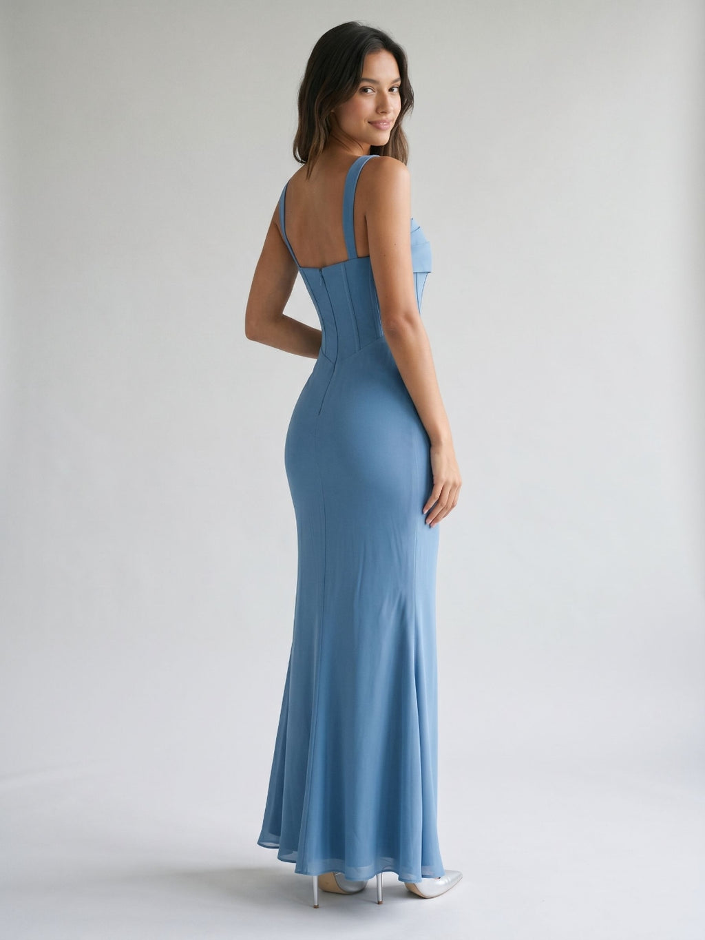 Steel Blue Chiffon Sheath Square Neck Back Zip Floor-Length Formal Dress with Pleating