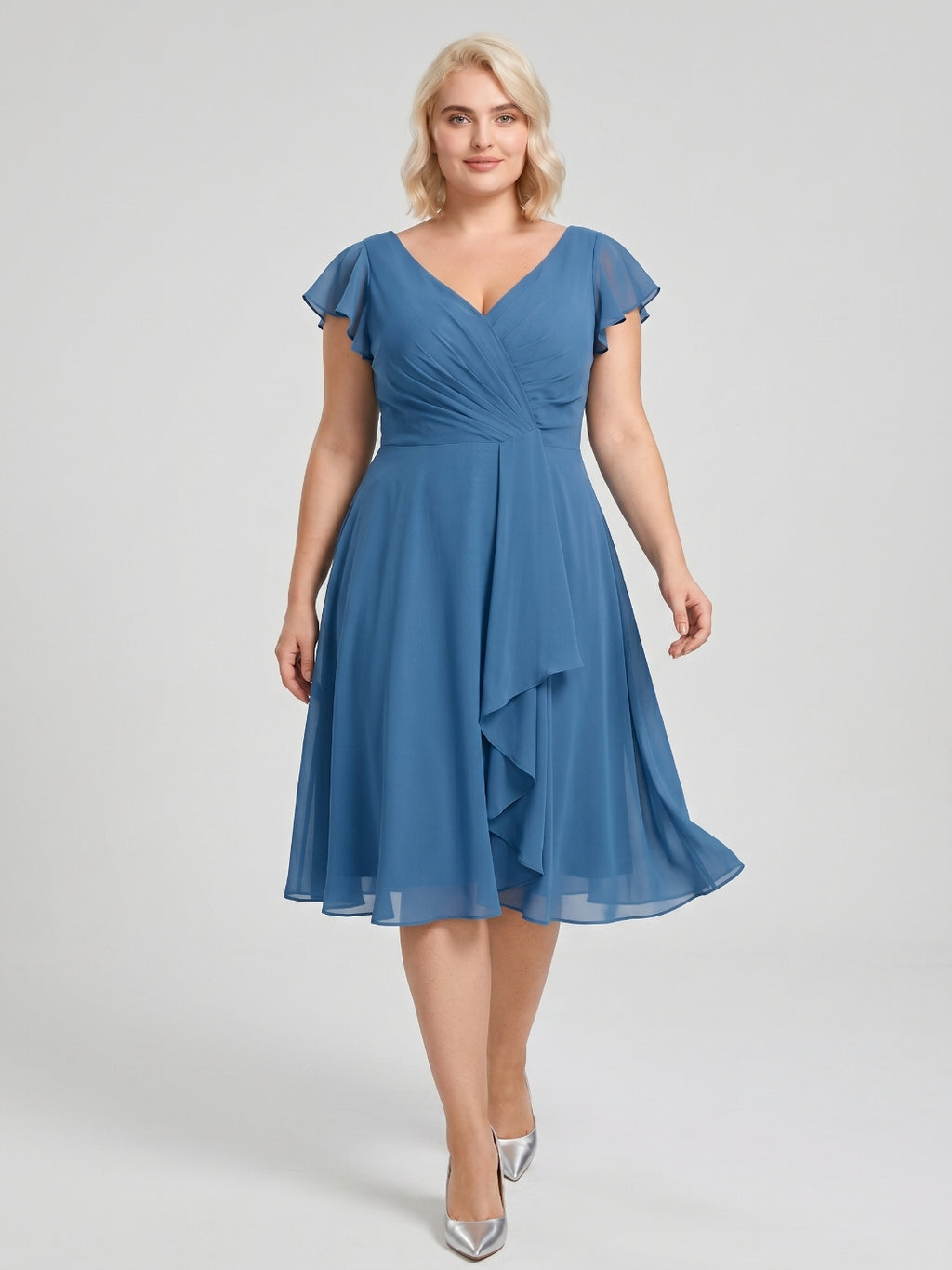 Steel Blue Chiffon V-Neck Back Zip A-Line Knee-Length Plus Size Bridesmaid Dress