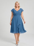 Steel Blue Chiffon V-Neck Back Zip A-Line Knee-Length Plus Size Bridesmaid Dress