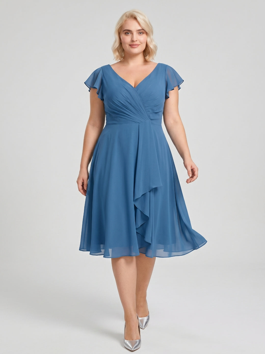 Steel Blue Chiffon V-Neck Back Zip A-Line Knee-Length Plus Size Bridesmaid Dress