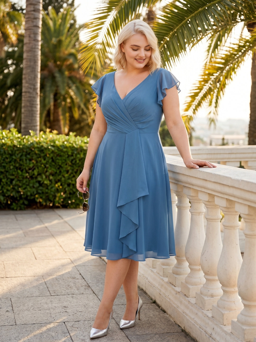 Steel Blue Chiffon V-Neck Back Zip A-Line Knee-Length Plus Size Bridesmaid Dress