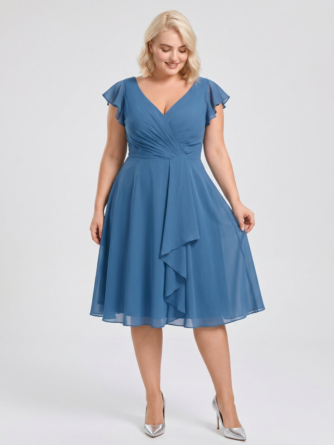 Steel Blue Chiffon V-Neck Back Zip A-Line Knee-Length Plus Size Bridesmaid Dress