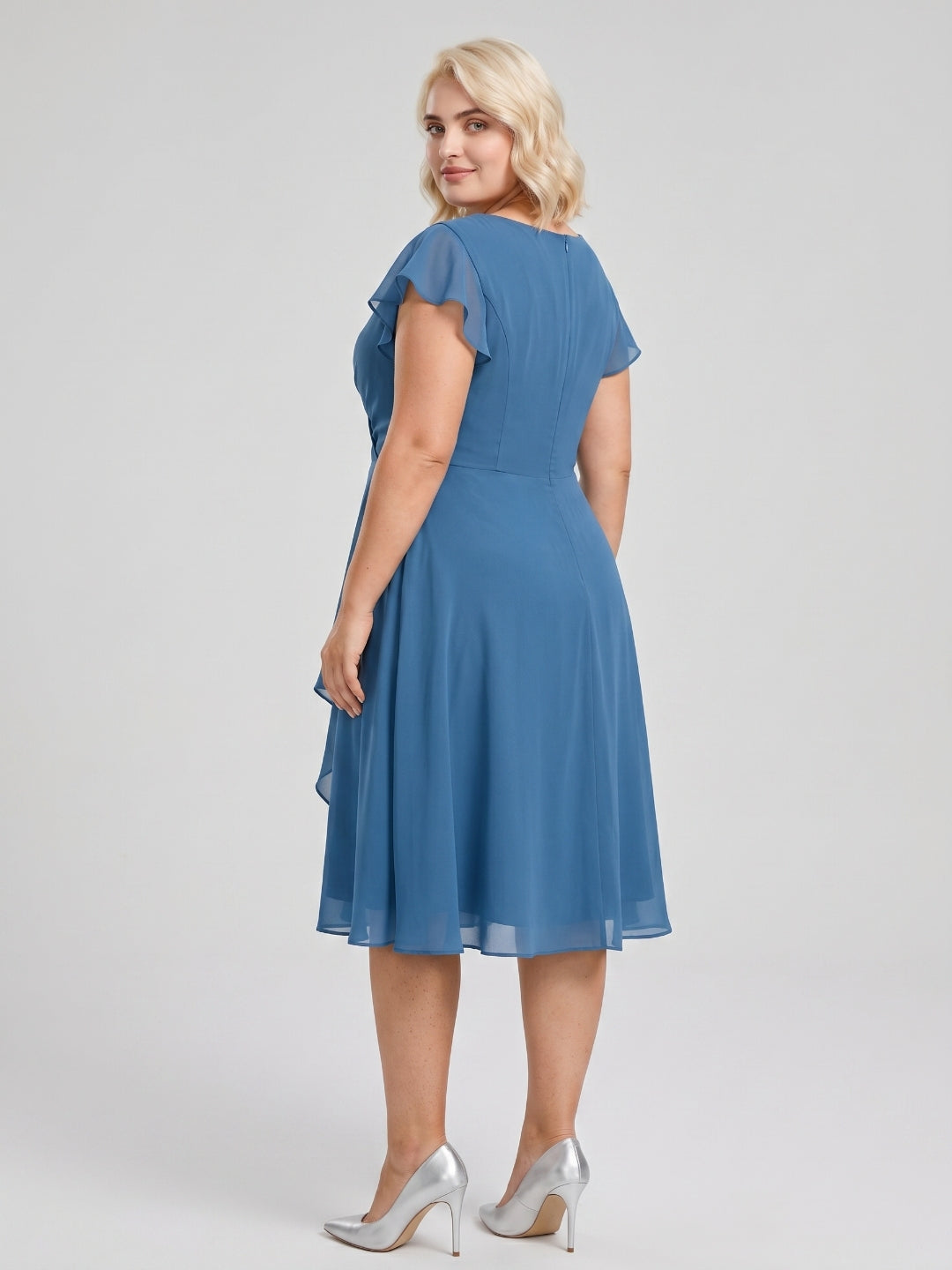 Steel Blue Chiffon V-Neck Back Zip A-Line Knee-Length Plus Size Bridesmaid Dress