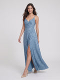 Steel Blue Jacquard Sheath V-Neck Criss-Cross Straps Floor-Length Bridesmaid Dress with Pleating