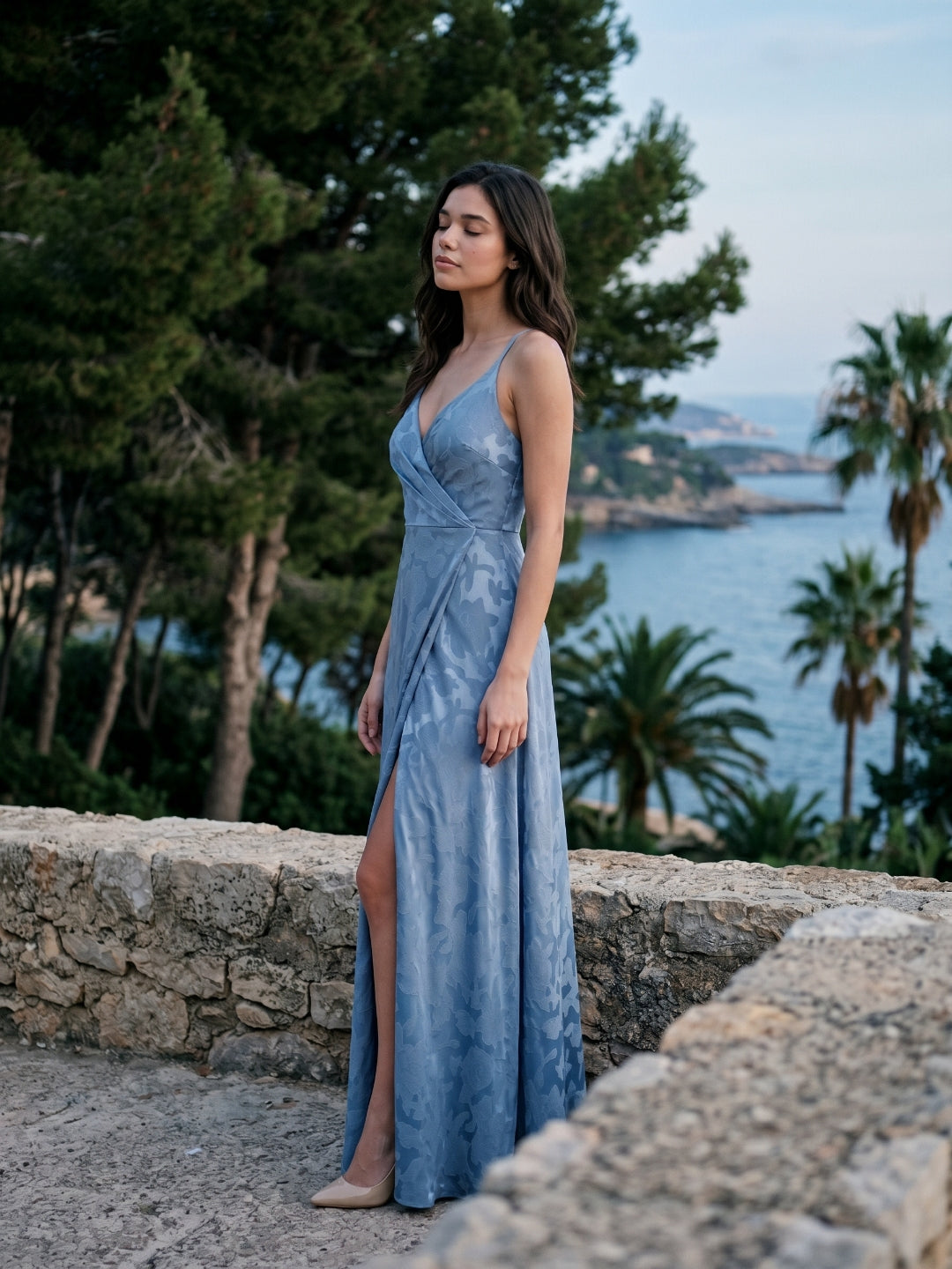 Steel Blue Jacquard Sheath V-Neck Criss-Cross Straps Floor-Length Bridesmaid Dress with Pleating