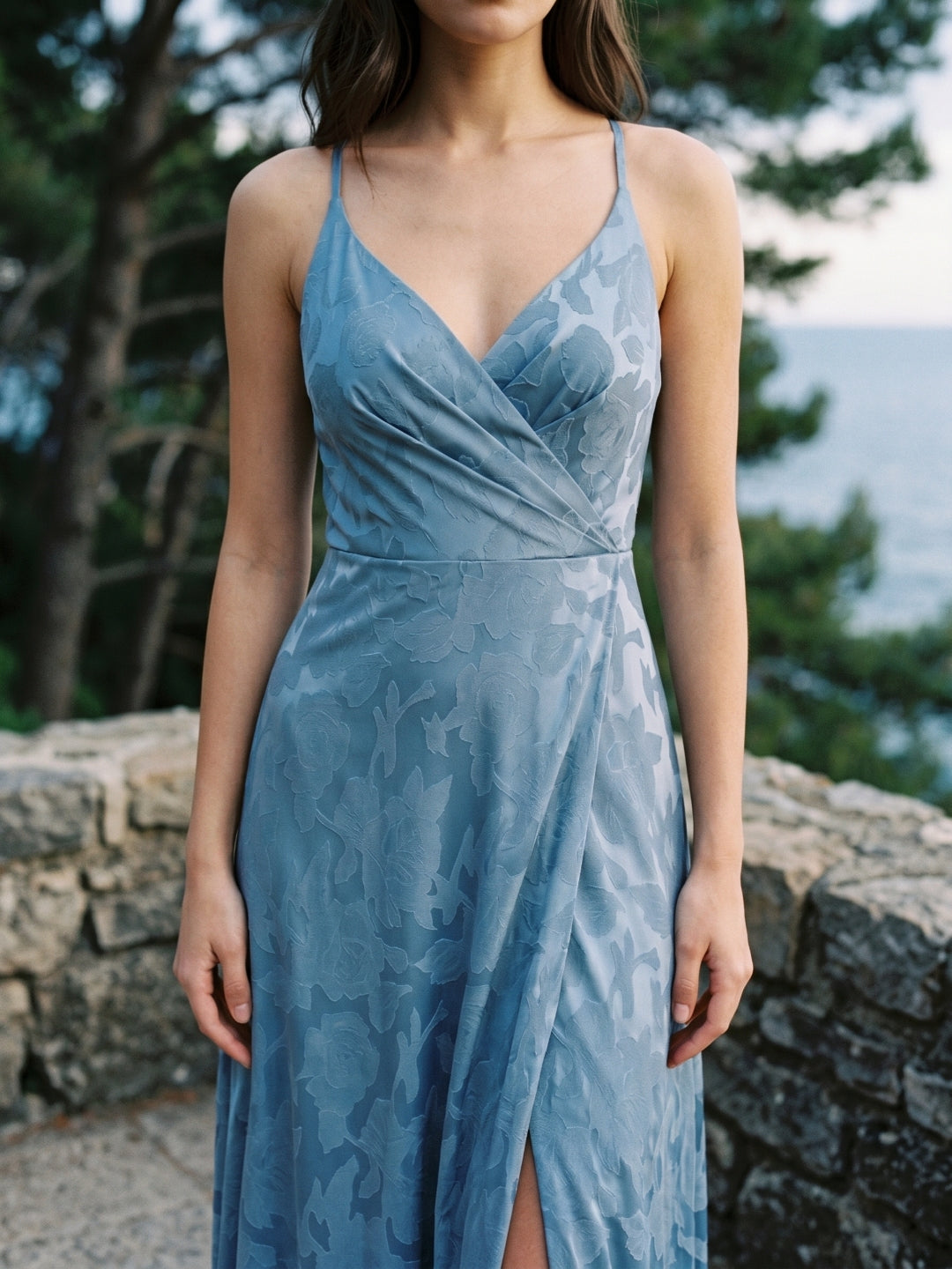 Steel Blue Jacquard Sheath V-Neck Criss-Cross Straps Floor-Length Bridesmaid Dress with Pleating