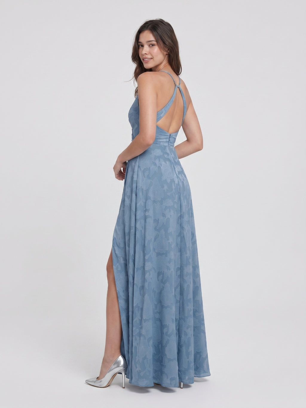 Steel Blue Jacquard Sheath V-Neck Criss-Cross Straps Floor-Length Bridesmaid Dress with Pleating