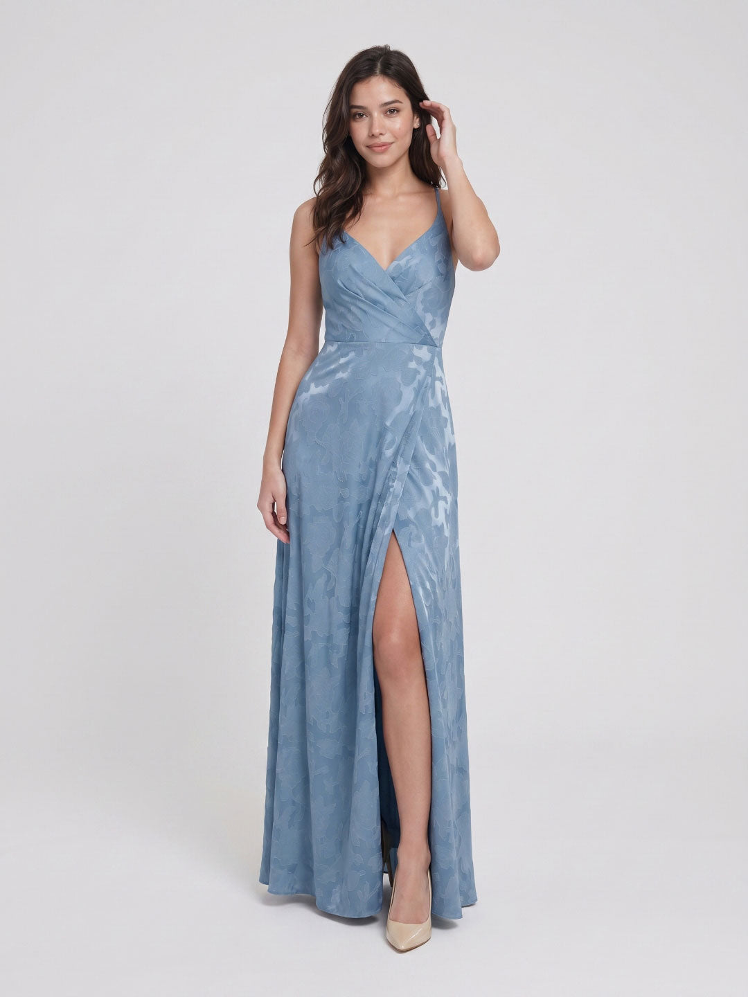 Steel Blue Jacquard Sheath V-Neck Criss-Cross Straps Floor-Length Bridesmaid Dress with Pleating