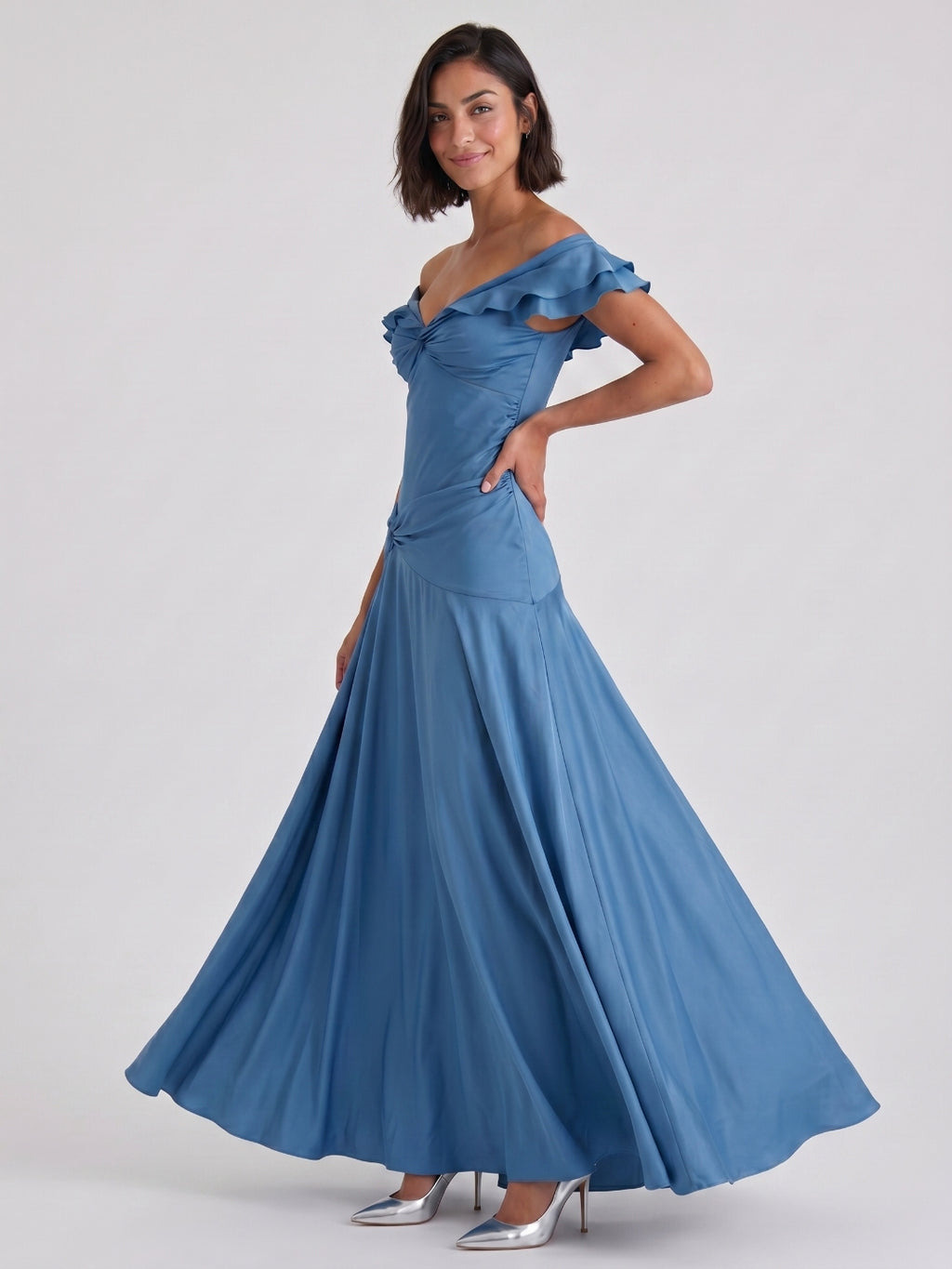 Steel Blue Matte Satin Mermaid V-Neck Back Zip Floor-Length Evening Dress