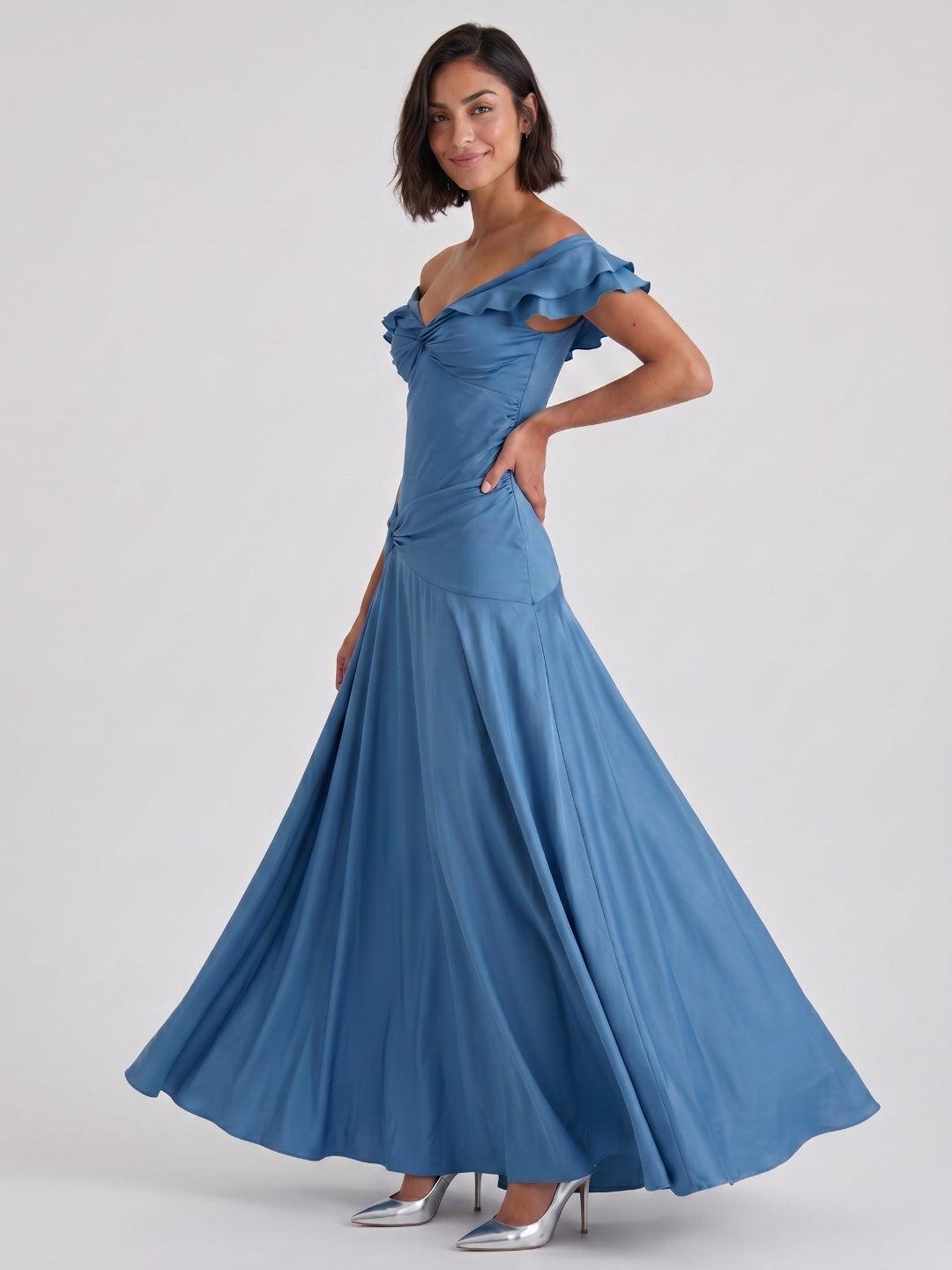 Steel Blue Matte Satin Mermaid V-Neck Back Zip Floor-Length Evening Dress