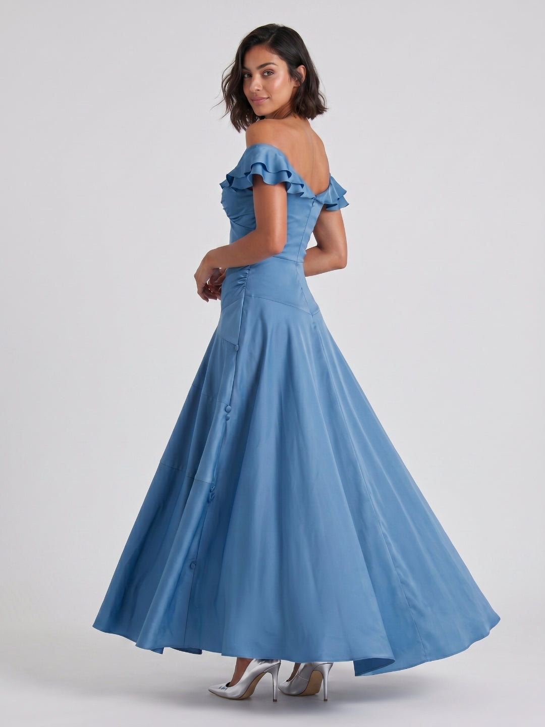 Steel Blue Matte Satin Mermaid V-Neck Back Zip Floor-Length Evening Dress