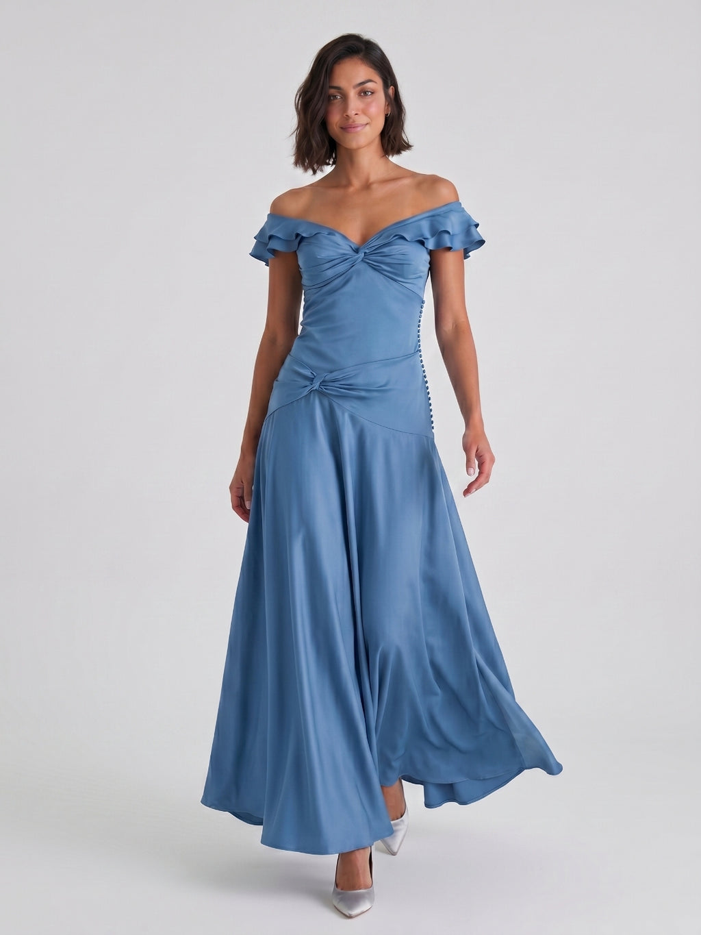 Steel Blue Matte Satin Mermaid V-Neck Back Zip Floor-Length Evening Dress
