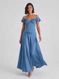 Steel Blue Matte Satin Mermaid V-Neck Back Zip Floor-Length Evening Dress