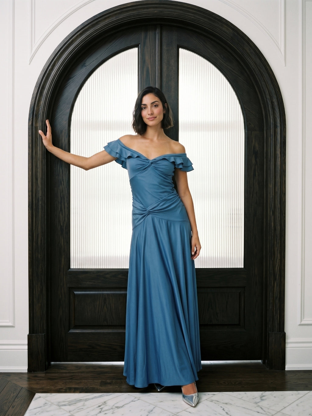 Steel Blue Matte Satin Mermaid V-Neck Back Zip Floor-Length Evening Dress