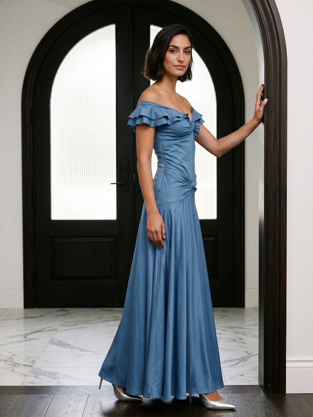 Steel Blue Matte Satin Mermaid V-Neck Back Zip Floor-Length Evening Dress