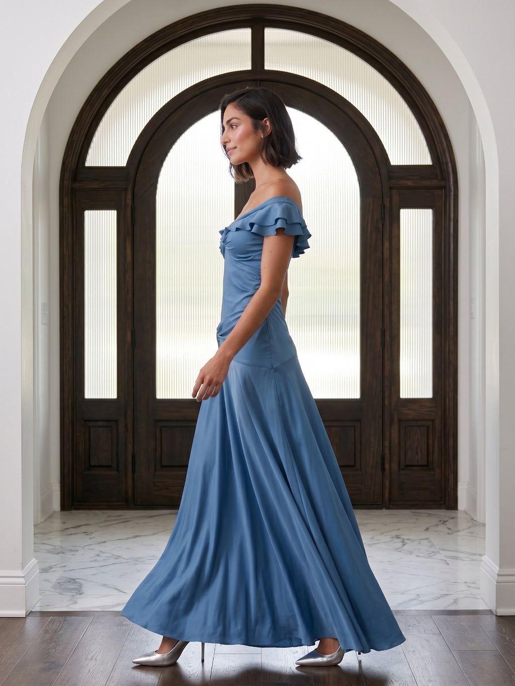 Steel Blue Matte Satin Mermaid V-Neck Back Zip Floor-Length Evening Dress