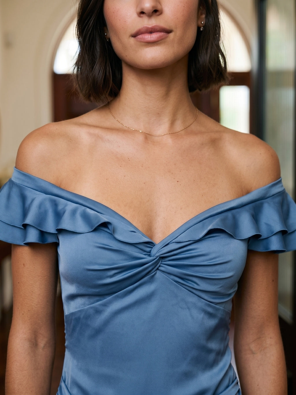 Steel Blue Matte Satin Mermaid V-Neck Back Zip Floor-Length Evening Dress