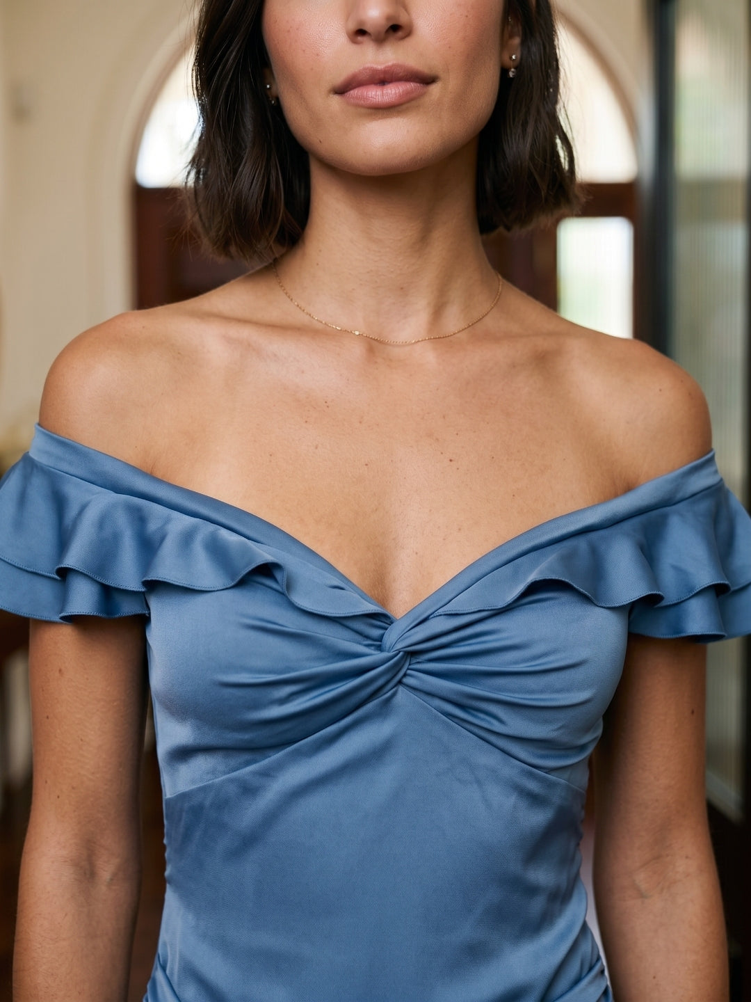 Steel Blue Matte Satin Mermaid V-Neck Back Zip Floor-Length Evening Dress