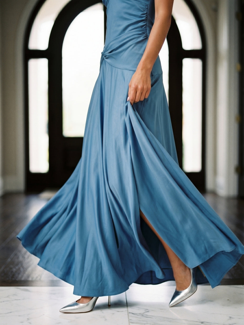 Steel Blue Matte Satin Mermaid V-Neck Back Zip Floor-Length Evening Dress