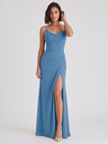 Steel Blue Mesh Sheath V-Neck V-Back Floor-Length Bridesmaid Dress with Pleating