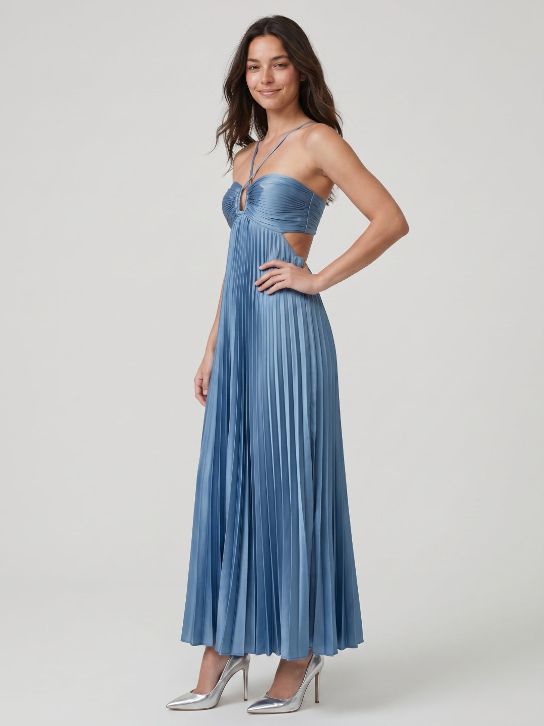 Steel Blue Satin A-Line Halter Backless Floor-Length Prom Dress