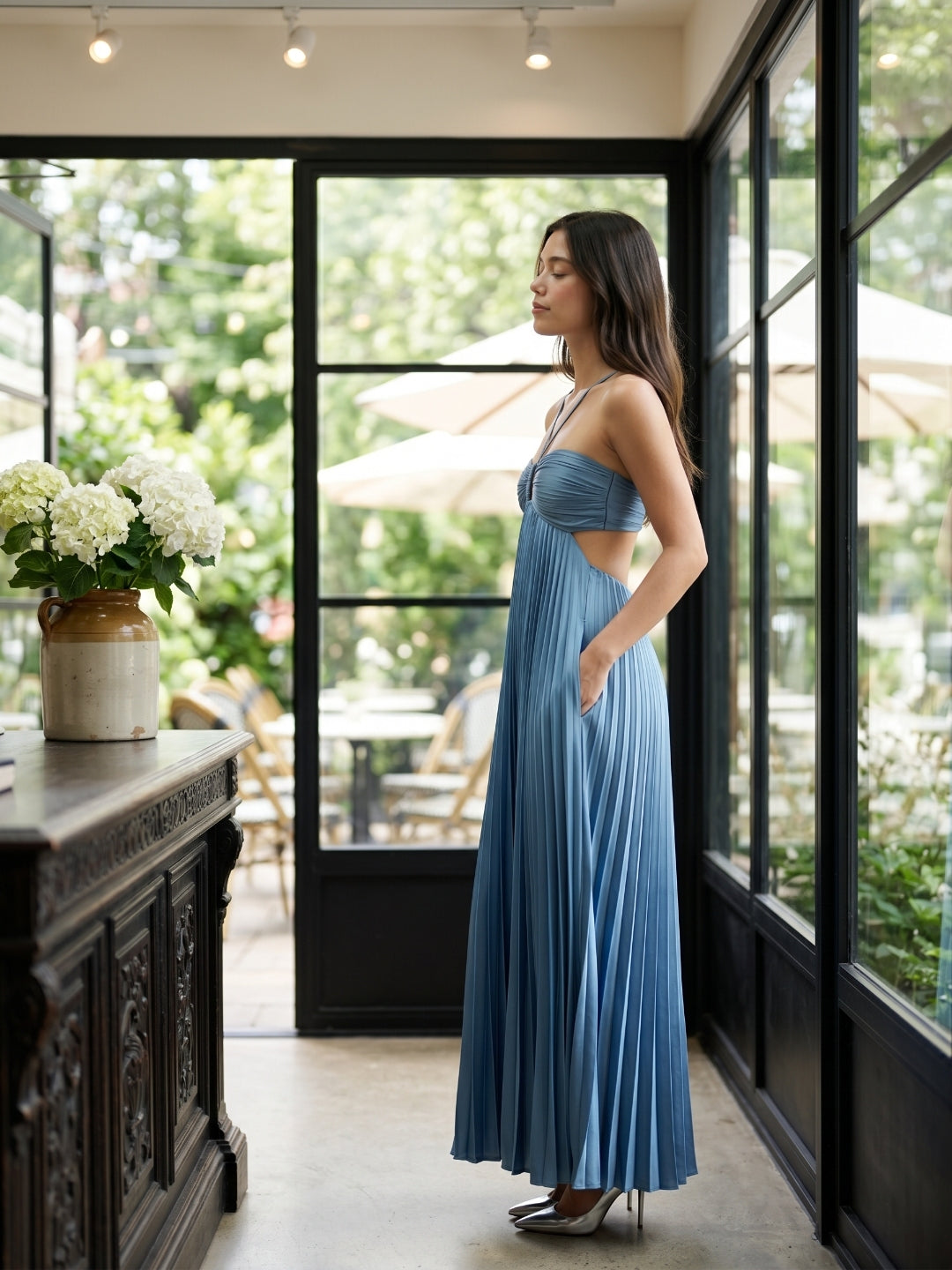 Steel Blue Satin A-Line Halter Backless Floor-Length Prom Dress