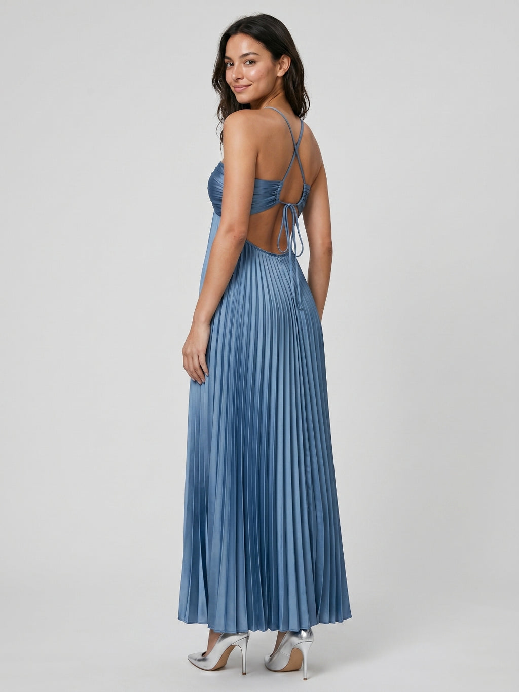 Steel Blue Satin A-Line Halter Backless Floor-Length Prom Dress