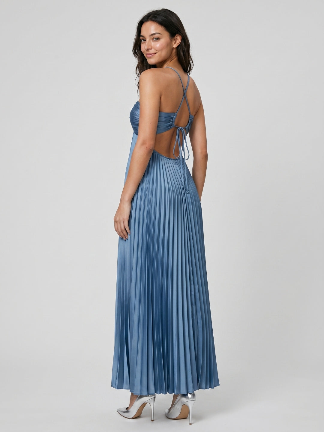 Steel Blue Satin A-Line Halter Backless Floor-Length Prom Dress