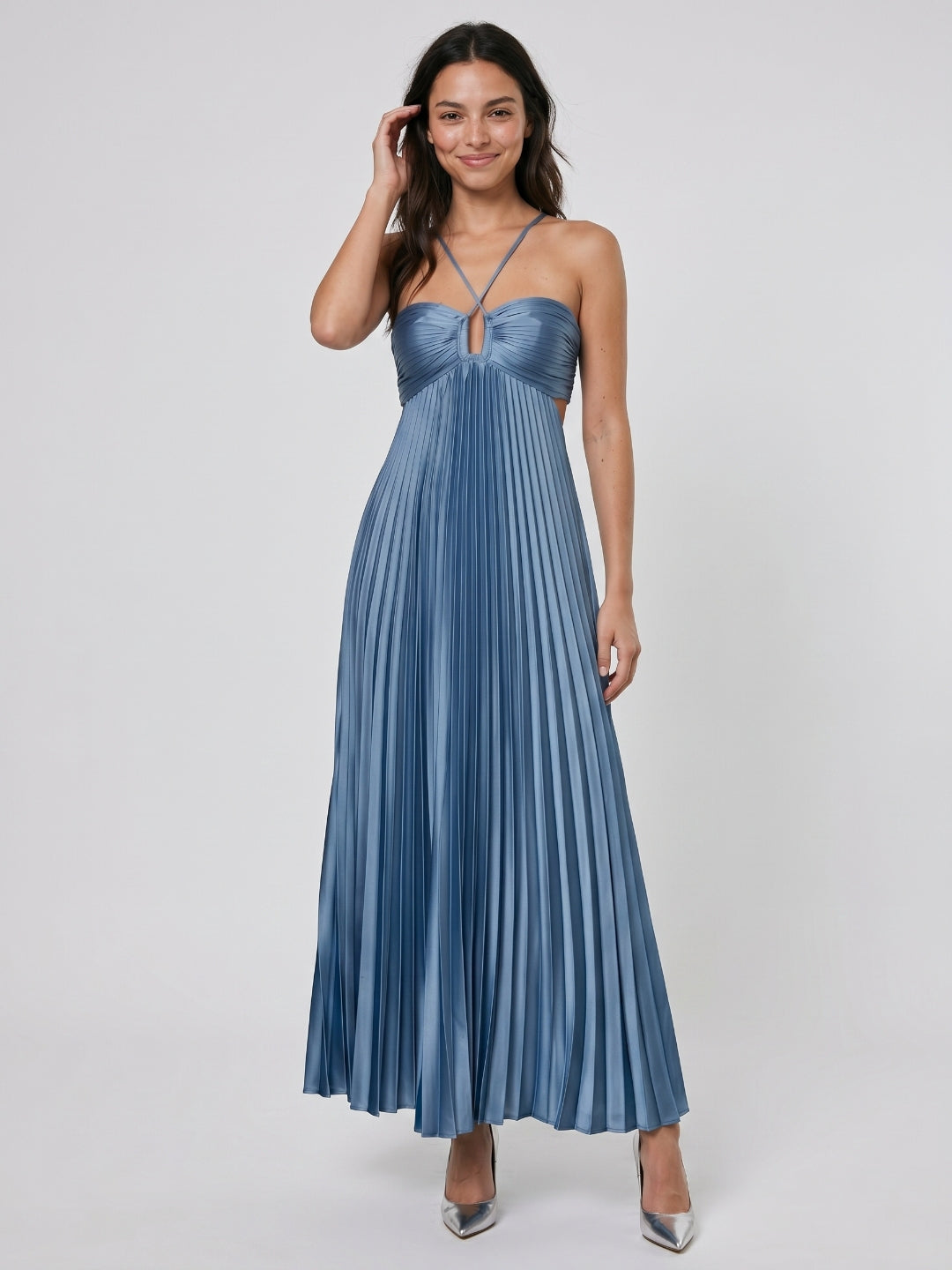 Steel Blue Satin A-Line Halter Backless Floor-Length Prom Dress