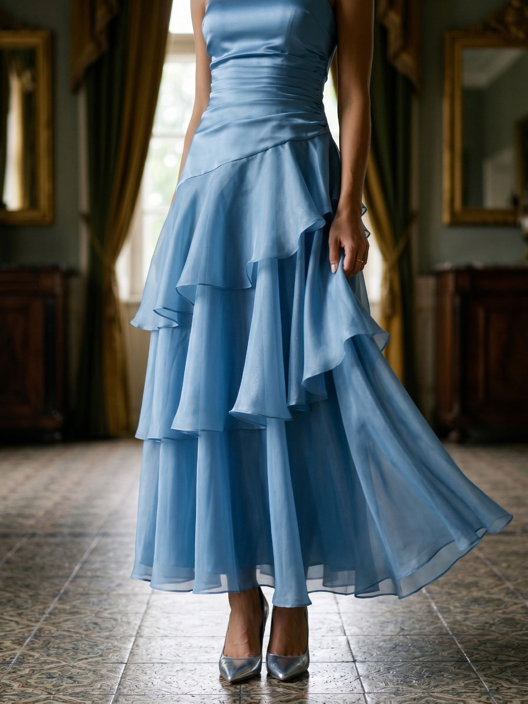 Steel Blue Satin A-Line Square Neck Lace-Up Back Ankle-Length Party Dress with Cascading Ruffles