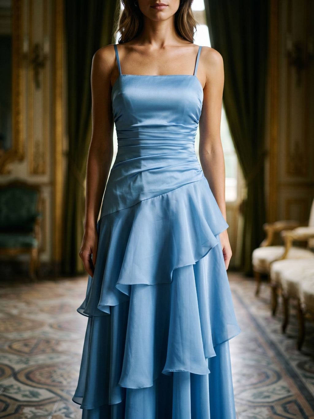 Steel Blue Satin A-Line Square Neck Lace-Up Back Ankle-Length Party Dress with Cascading Ruffles