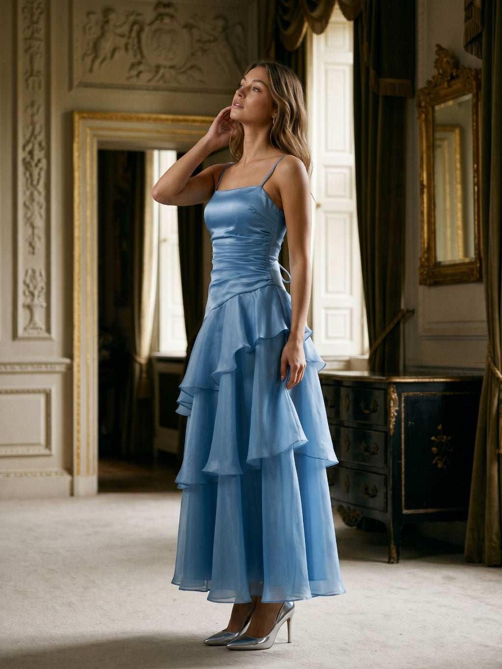 Steel Blue Satin A-Line Square Neck Lace-Up Back Ankle-Length Party Dress with Cascading Ruffles