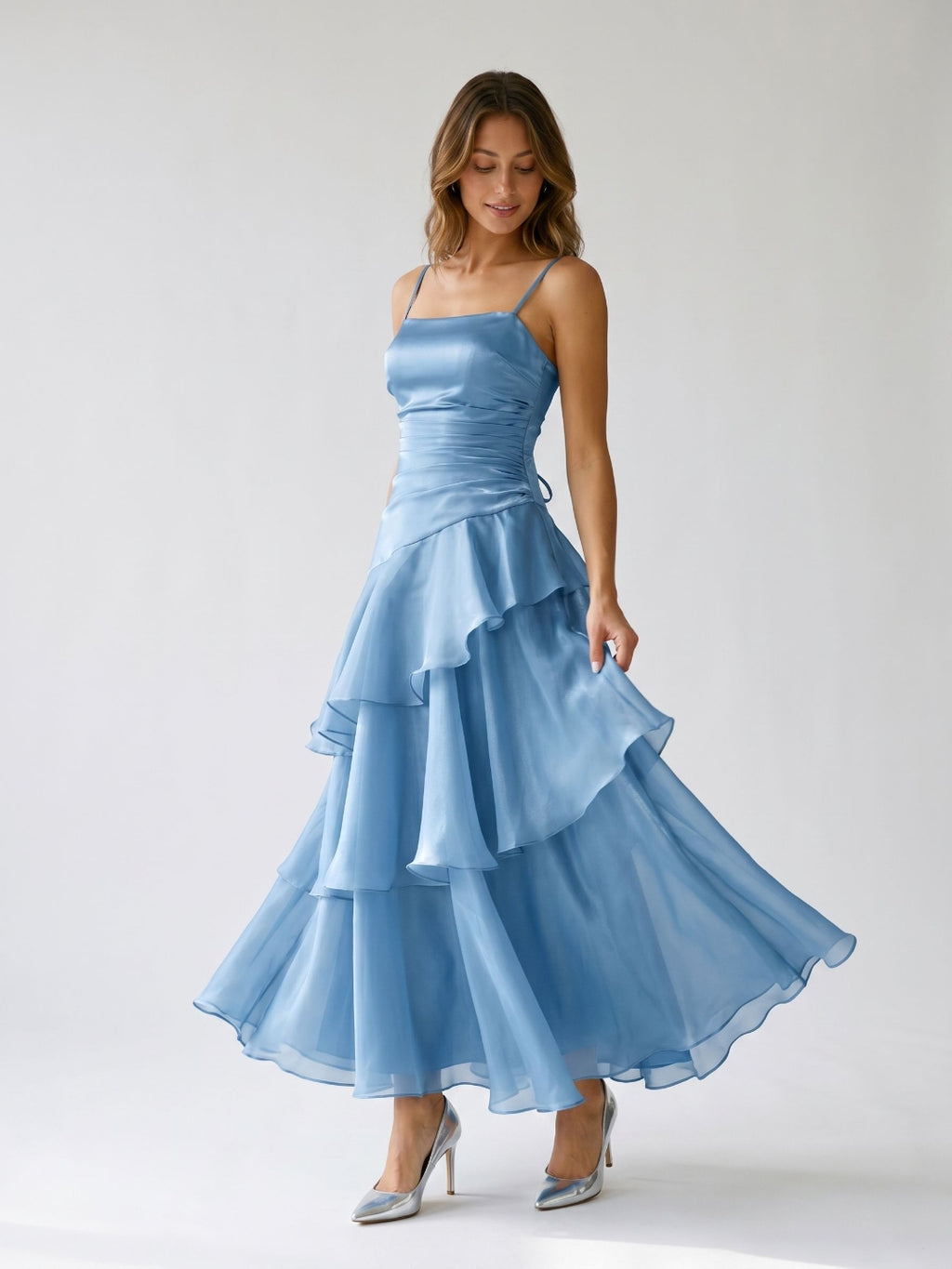 Steel Blue Satin A-Line Square Neck Lace-Up Back Ankle-Length Party Dress with Cascading Ruffles