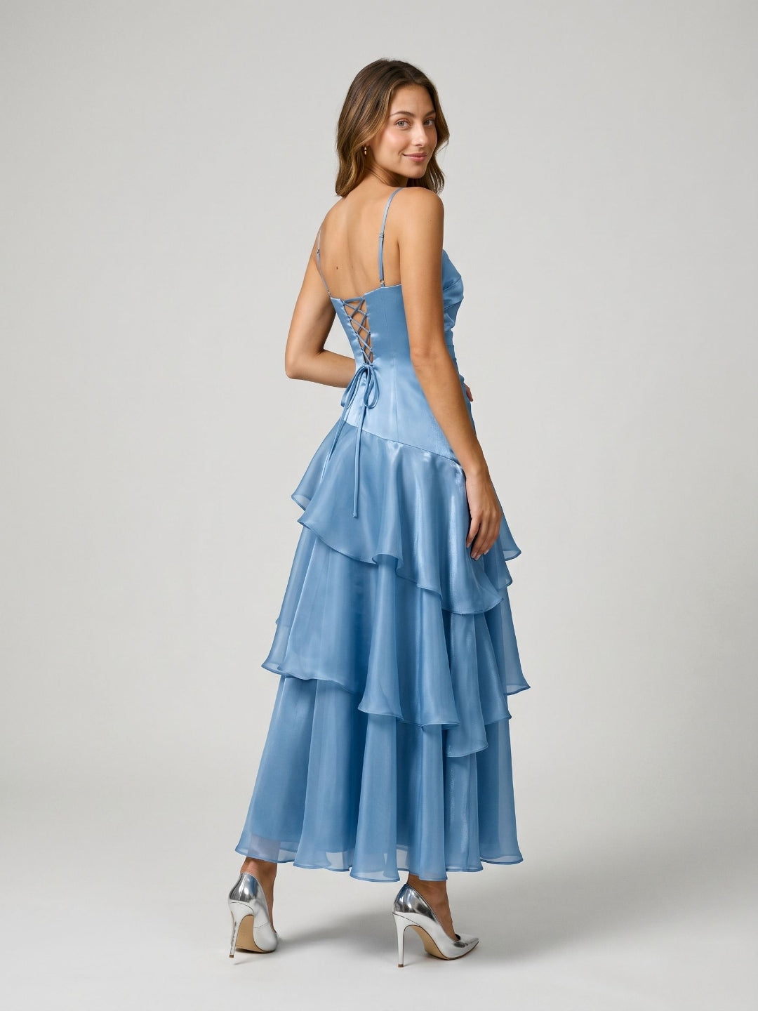 Steel Blue Satin A-Line Square Neck Lace-Up Back Ankle-Length Party Dress with Cascading Ruffles