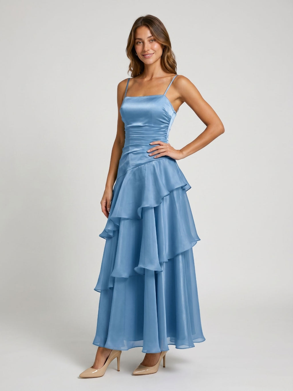 Steel Blue Satin A-Line Square Neck Lace-Up Back Ankle-Length Party Dress with Cascading Ruffles