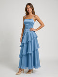 Steel Blue Satin A-Line Square Neck Lace-Up Back Ankle-Length Party Dress with Cascading Ruffles